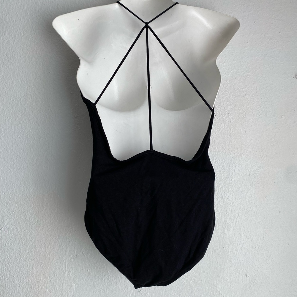 Black Strappy V-Neck Women's One-Piece bodysuit - Picture 2 of 8